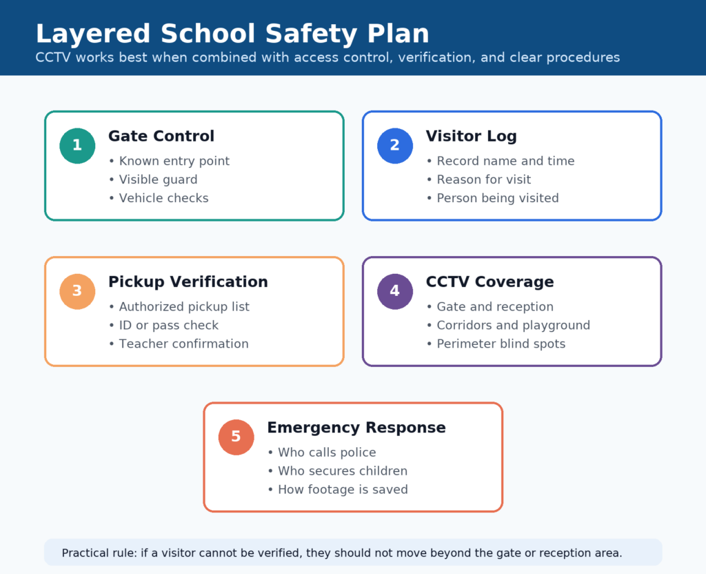 Layered school safety plan: gate control, visitor log, pickup verification, CCTV coverage, emergency response
