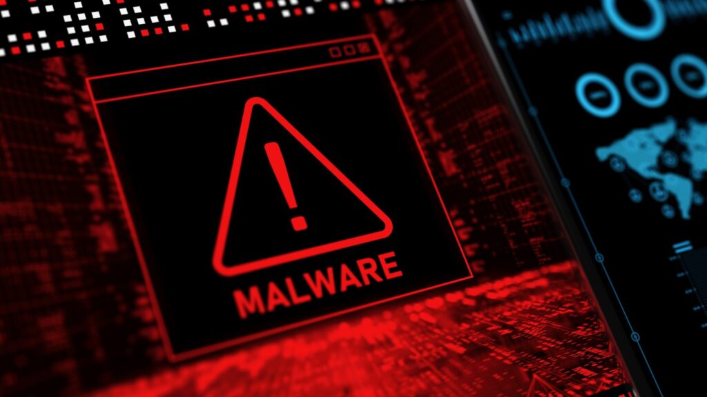 Red malware warning screen on a dark cybersecurity dashboard