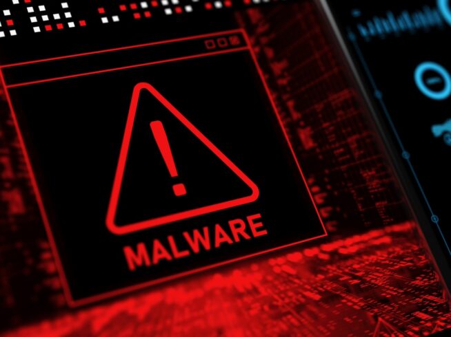 Red malware warning screen on a dark cybersecurity dashboard